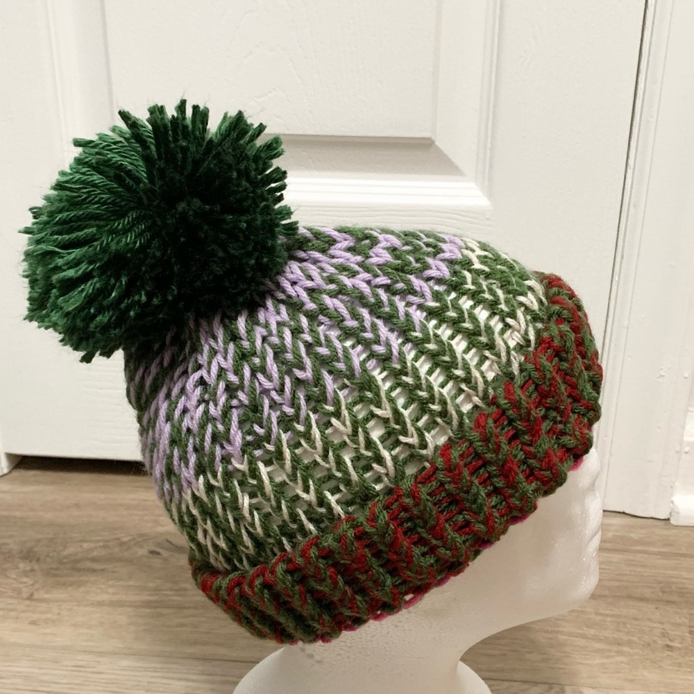 Hand Knit Pom Beanie Hat Homemade Adult OSFM